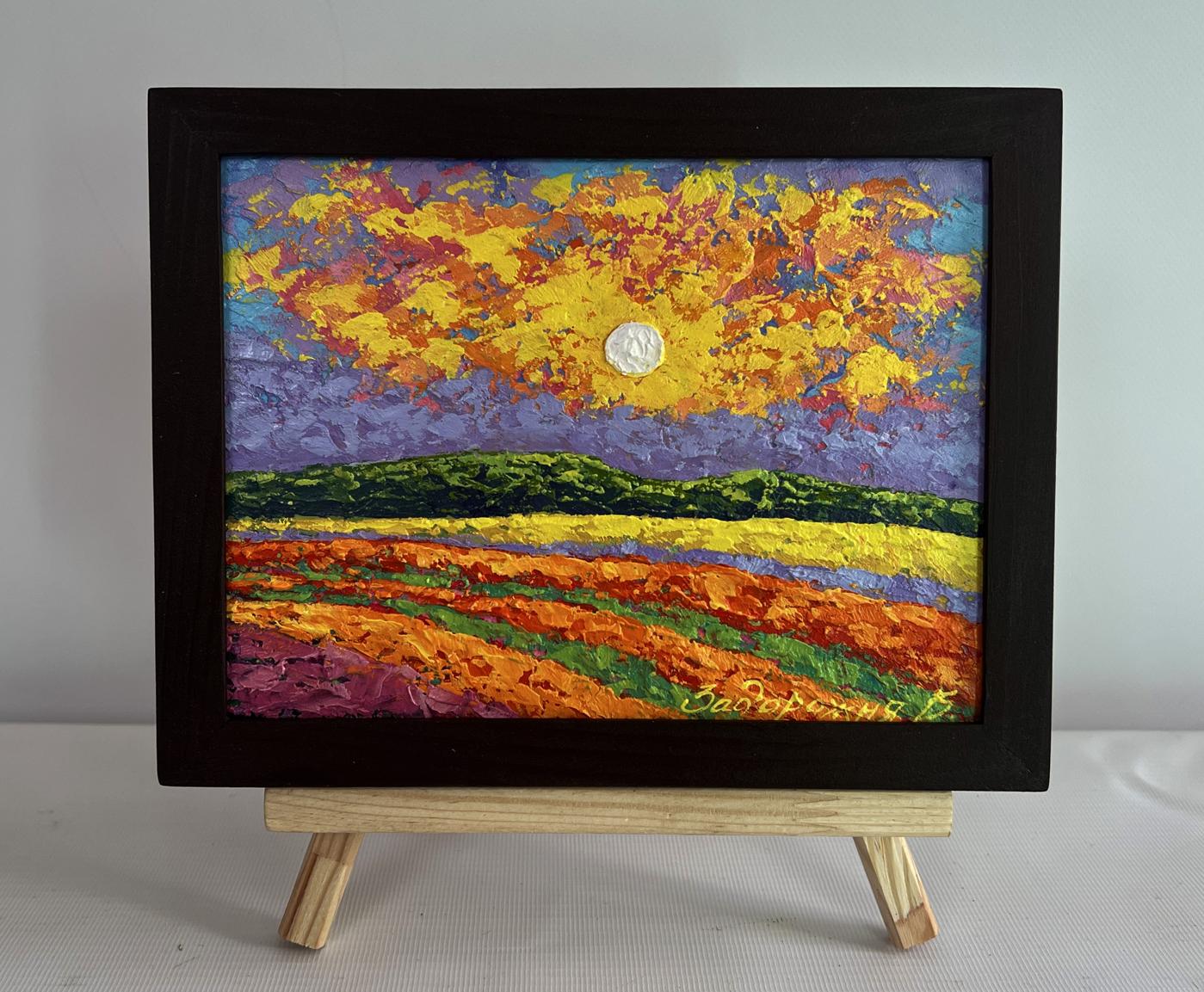 Oil painting Bright lights of sunset by V. Zadorozhnya in black frame