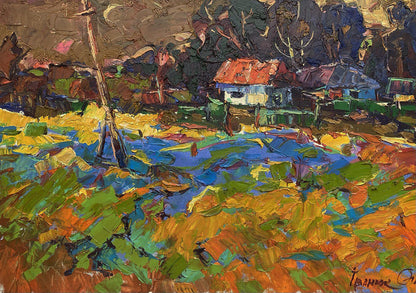 Vibrant impressionist oil painting Crimson evening in the village by Oleksiy Ivanyuk
