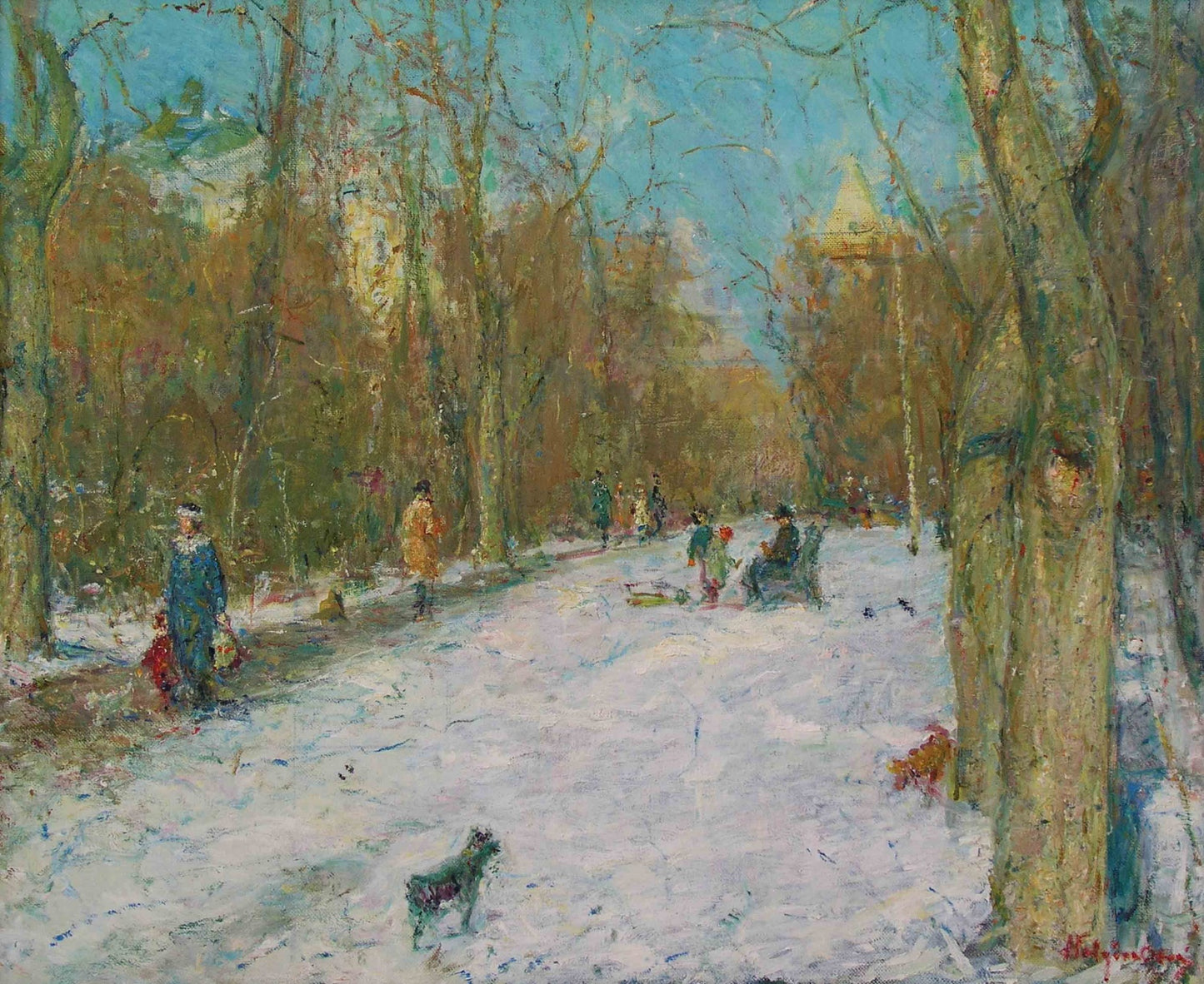 Albin Havdzynsky oil painting of snowy park pathway with people and dog