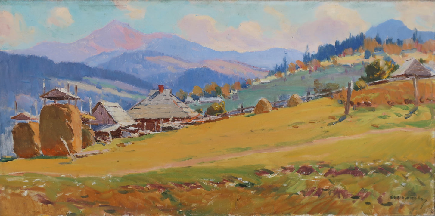 Stepan Sholtes original oil painting of rustic Ukrainian village scene