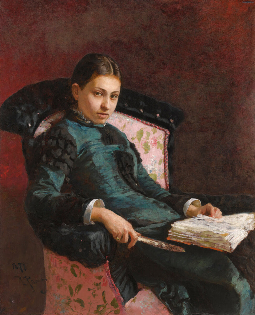 Woman in teal velvet lace dress on ornate chair in Ilya Repin realist painting