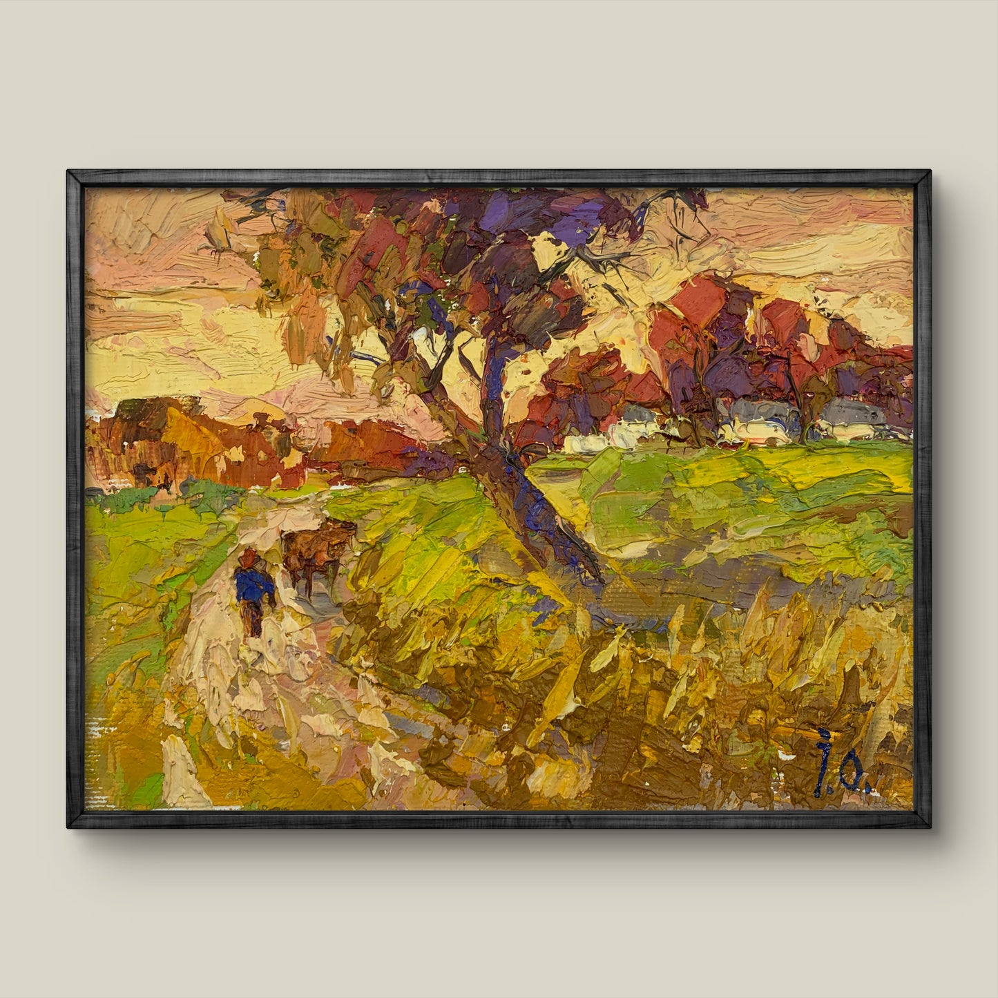 Framed impressionist oil painting Warm evening returning home by Oksana Ivanyuk