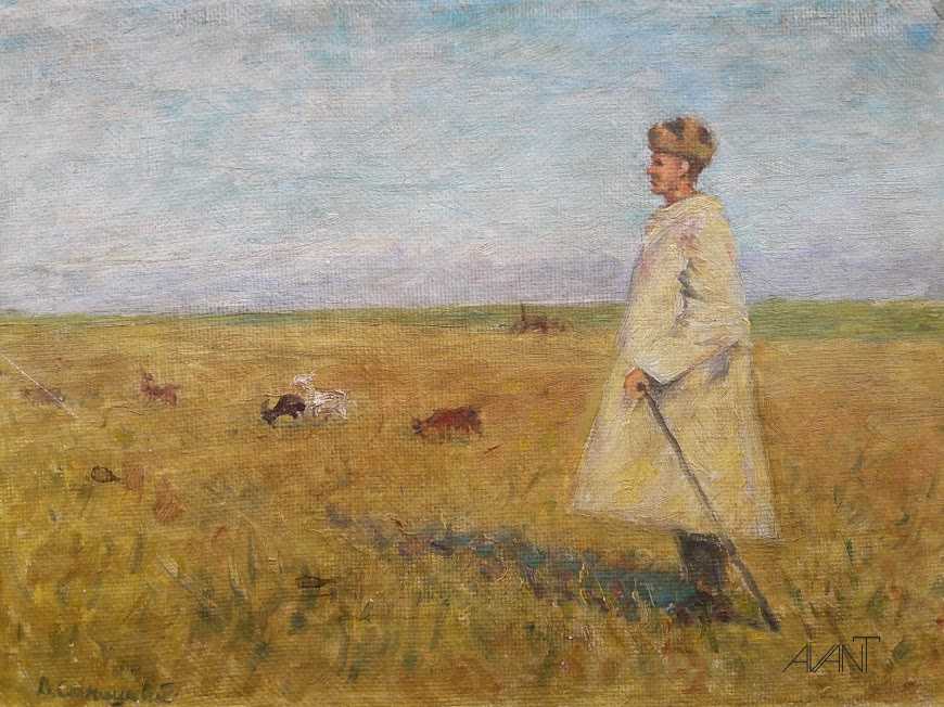 Collectible Ukrainian painting by Volodymyr Synytskyi: woman with staff in field