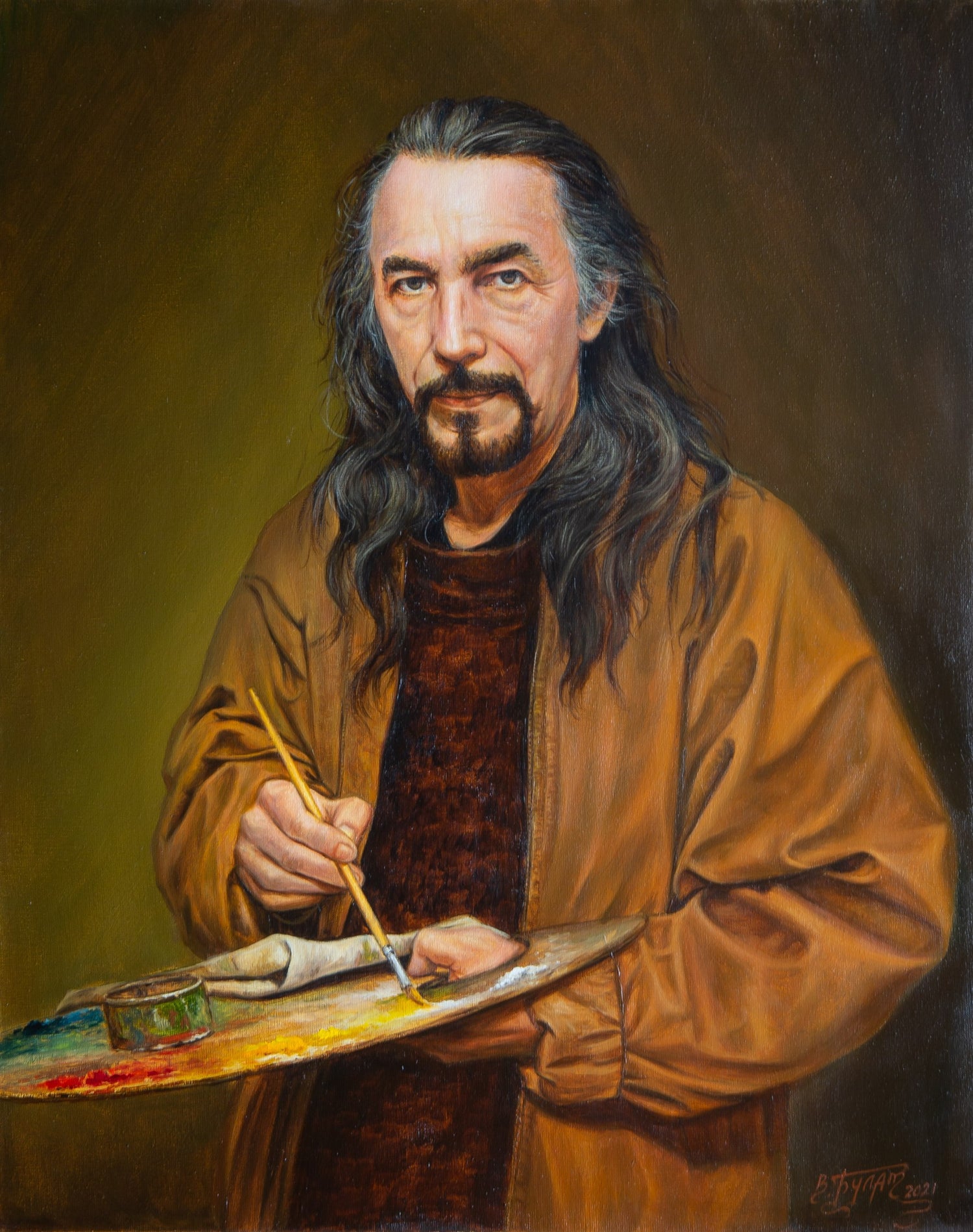 A realistic oil painting of a male artist with long dark hair and beard, wearing an earth-toned jacket over a textured shirt, holding a wooden palette with paintbrush in hand.