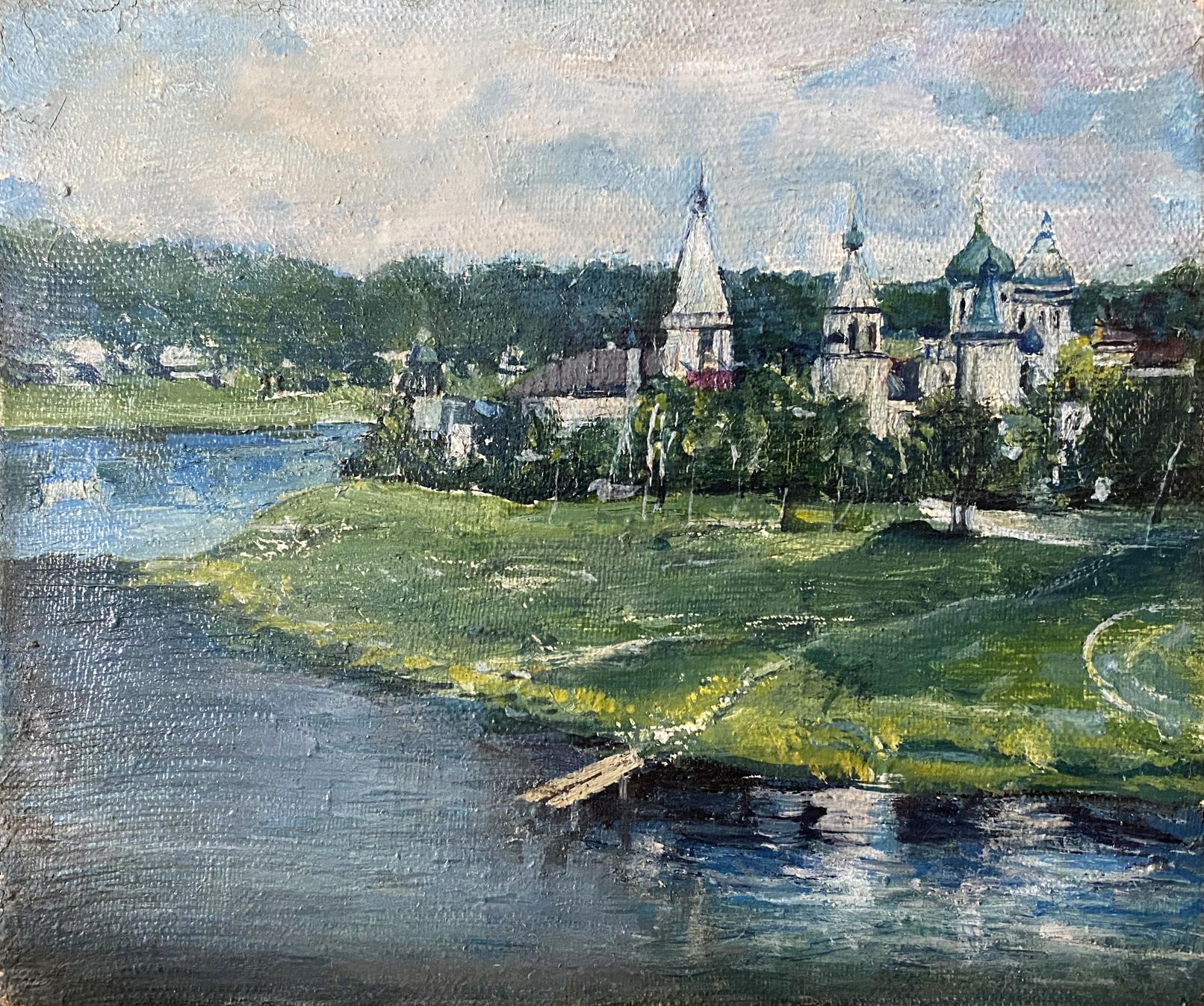 Serene oil painting Staritsa by V. Odintsov: riverside village with onion domes