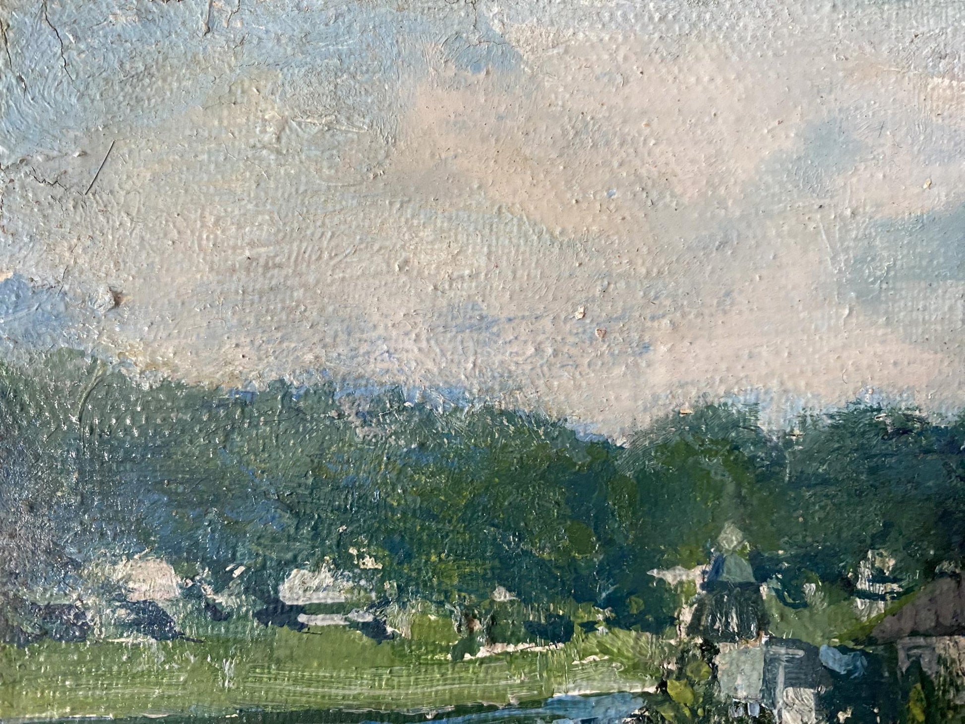 Oil painting Staritsa V. Odintsov: serene green hills under cloudy sky