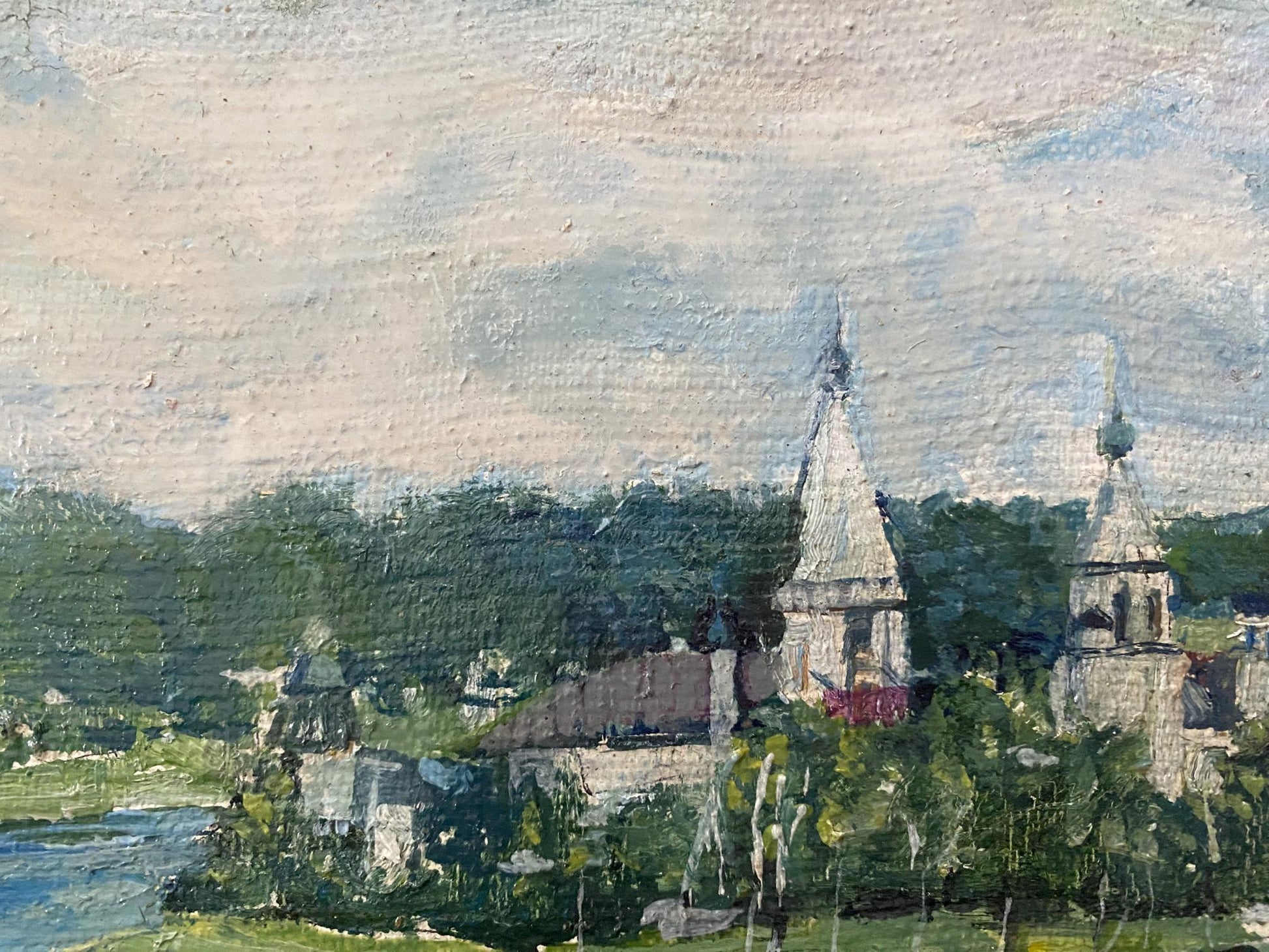Oil painting Staritsa V. Odintsov: church spires above trees and riverbank