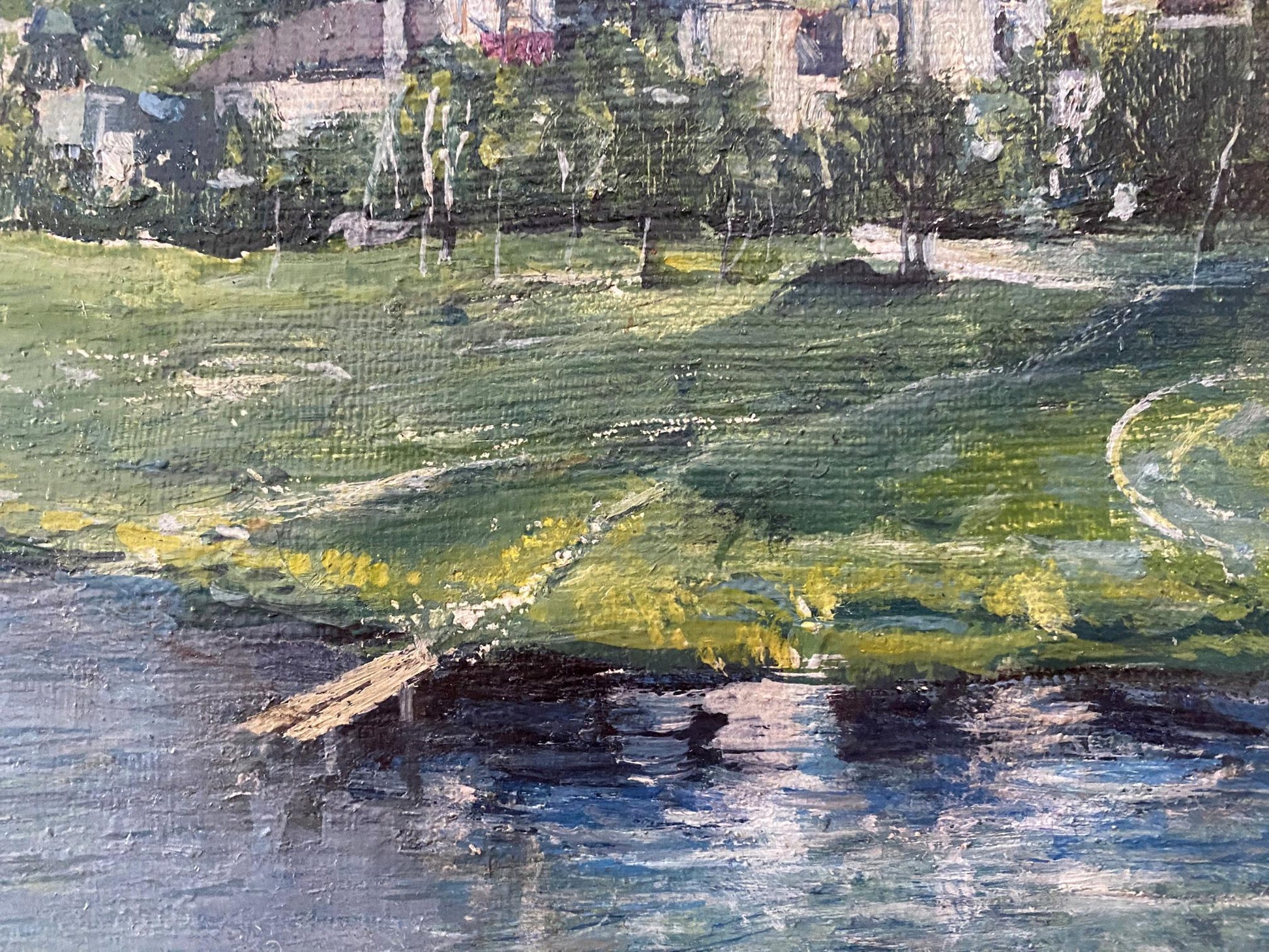 Oil painting Staritsa by V. Odintsov: serene riverbank with wildflowers