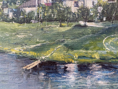 Oil painting Staritsa by V. Odintsov: serene riverbank with wildflowers