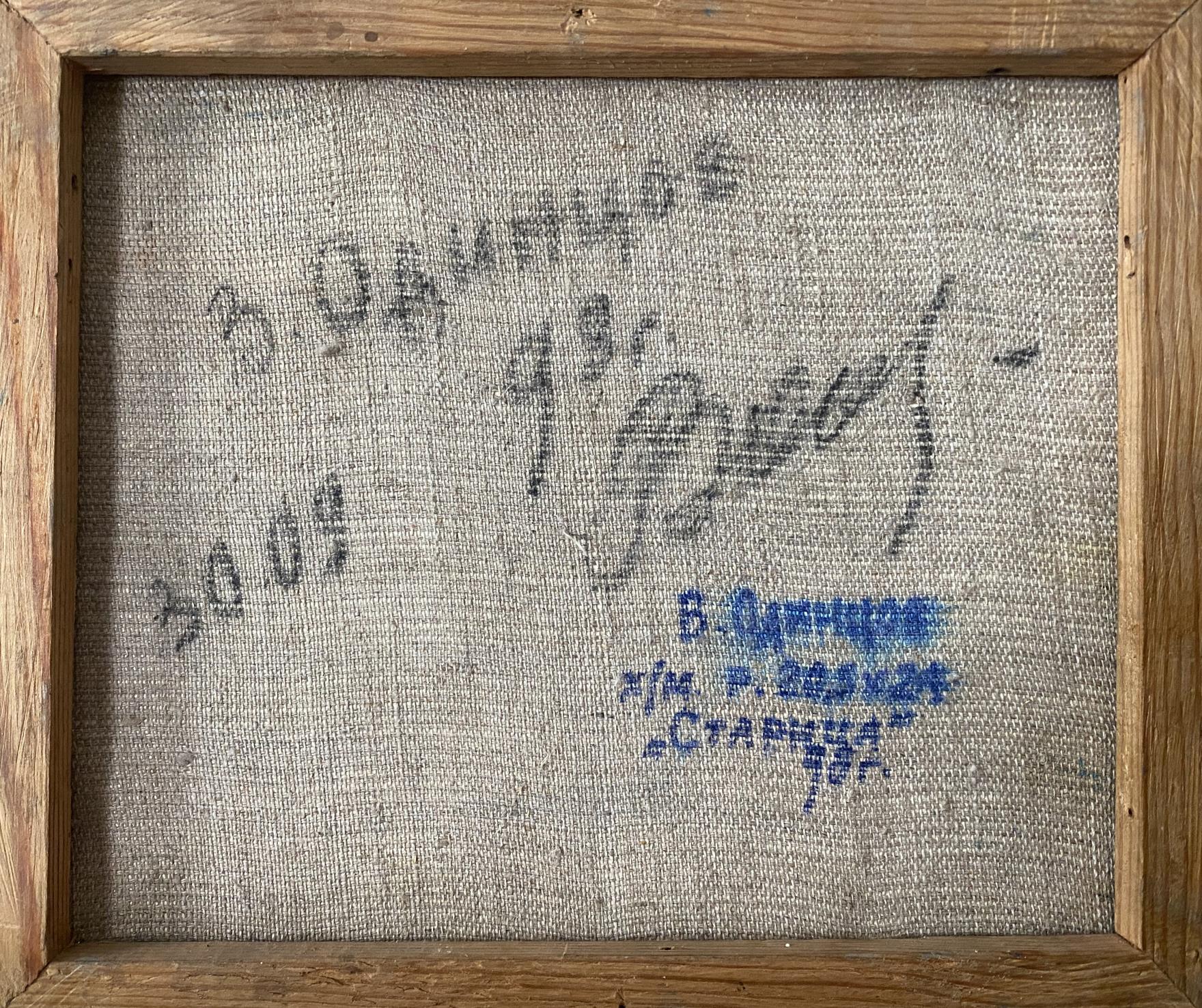 Back of Oil painting Staritsa V. Odintsov with faded Cyrillic text on linen