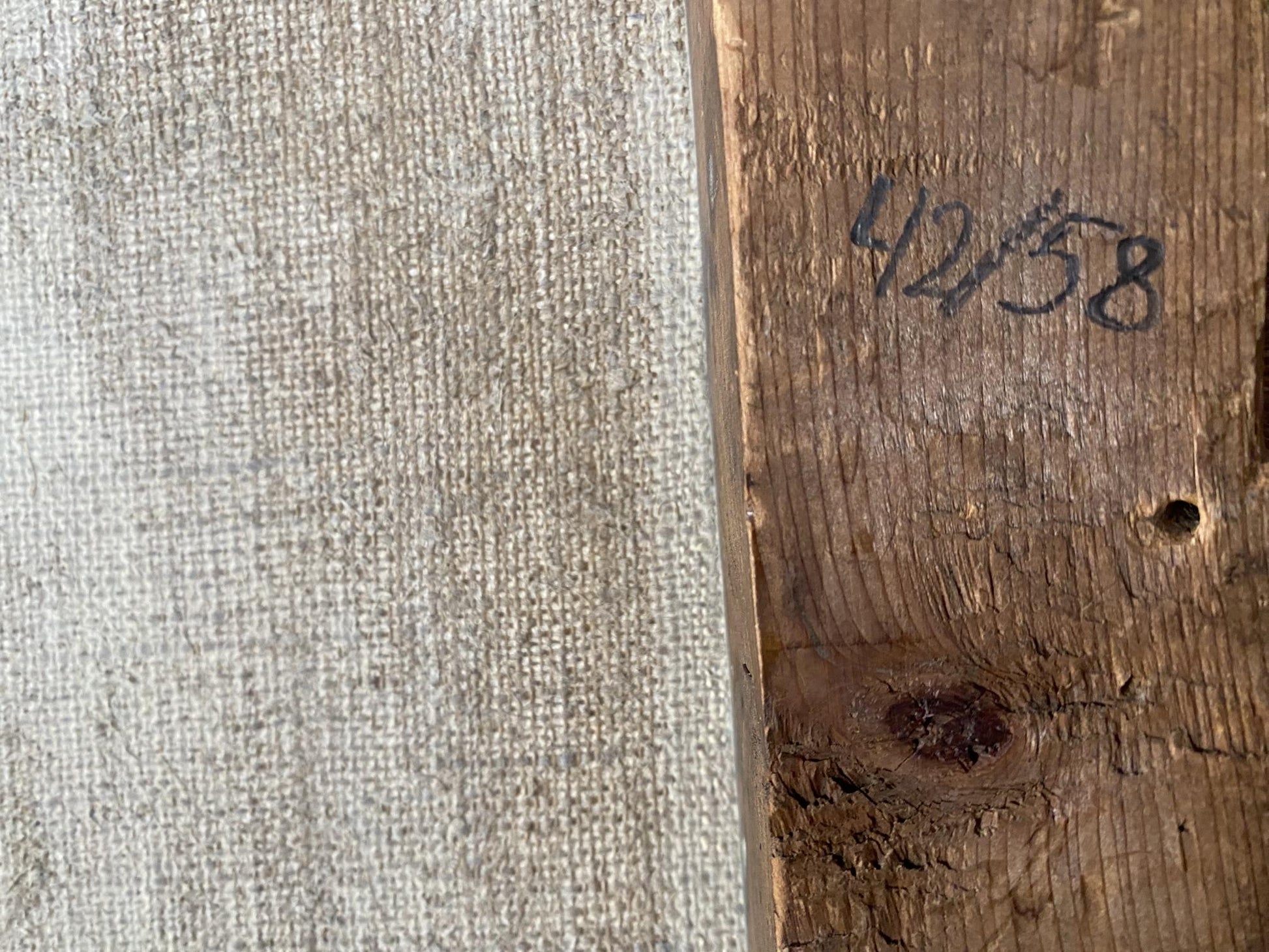 Back of Oil painting Juicy grapes V. Tomov: rustic plank marked 42/58