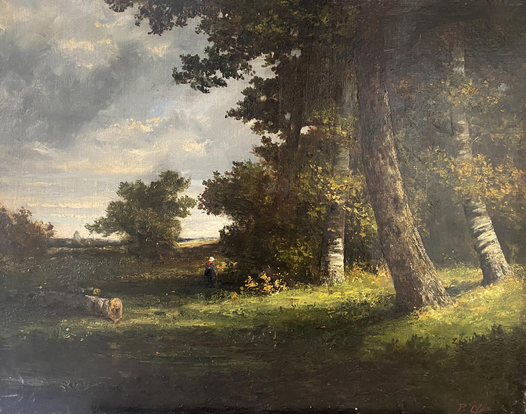 Oil painting of beautiful forest with tall textured trees, dappled sunlight, distant figure in grassy field