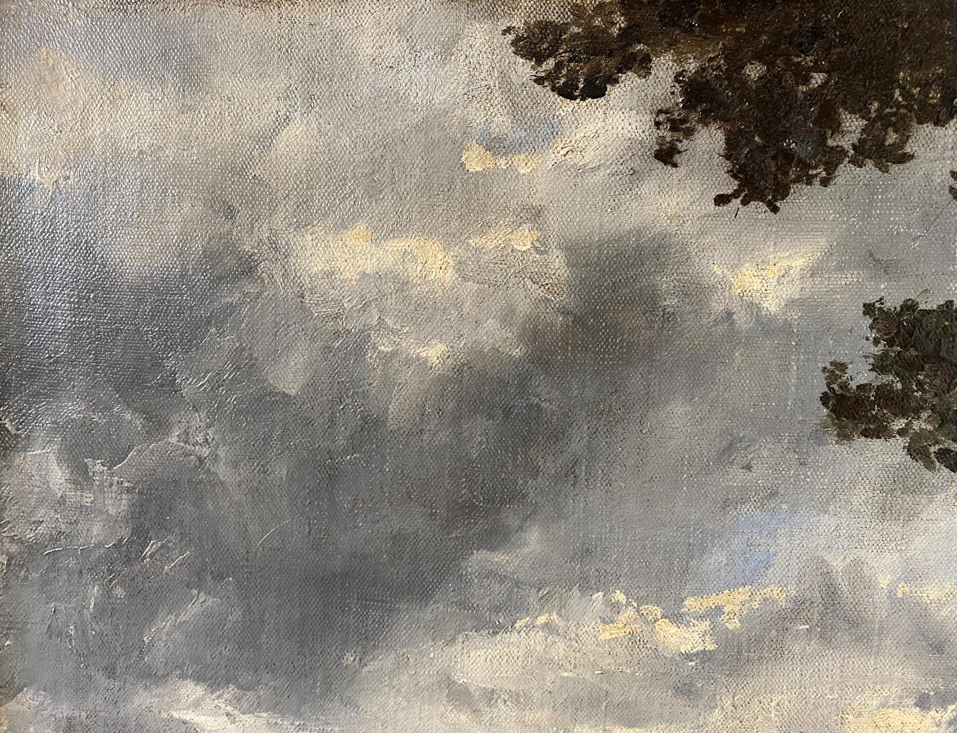 Oil painting of beautiful forest under moody gray sky with clouds and trees