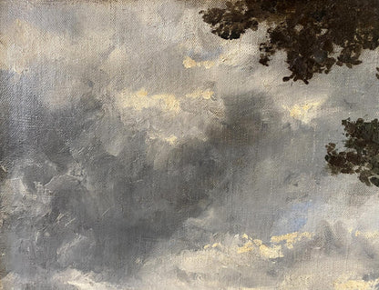 Oil painting of beautiful forest under moody gray sky with clouds and trees