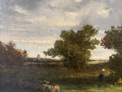 Serene oil painting of beautiful forest landscape with lush trees and clouds