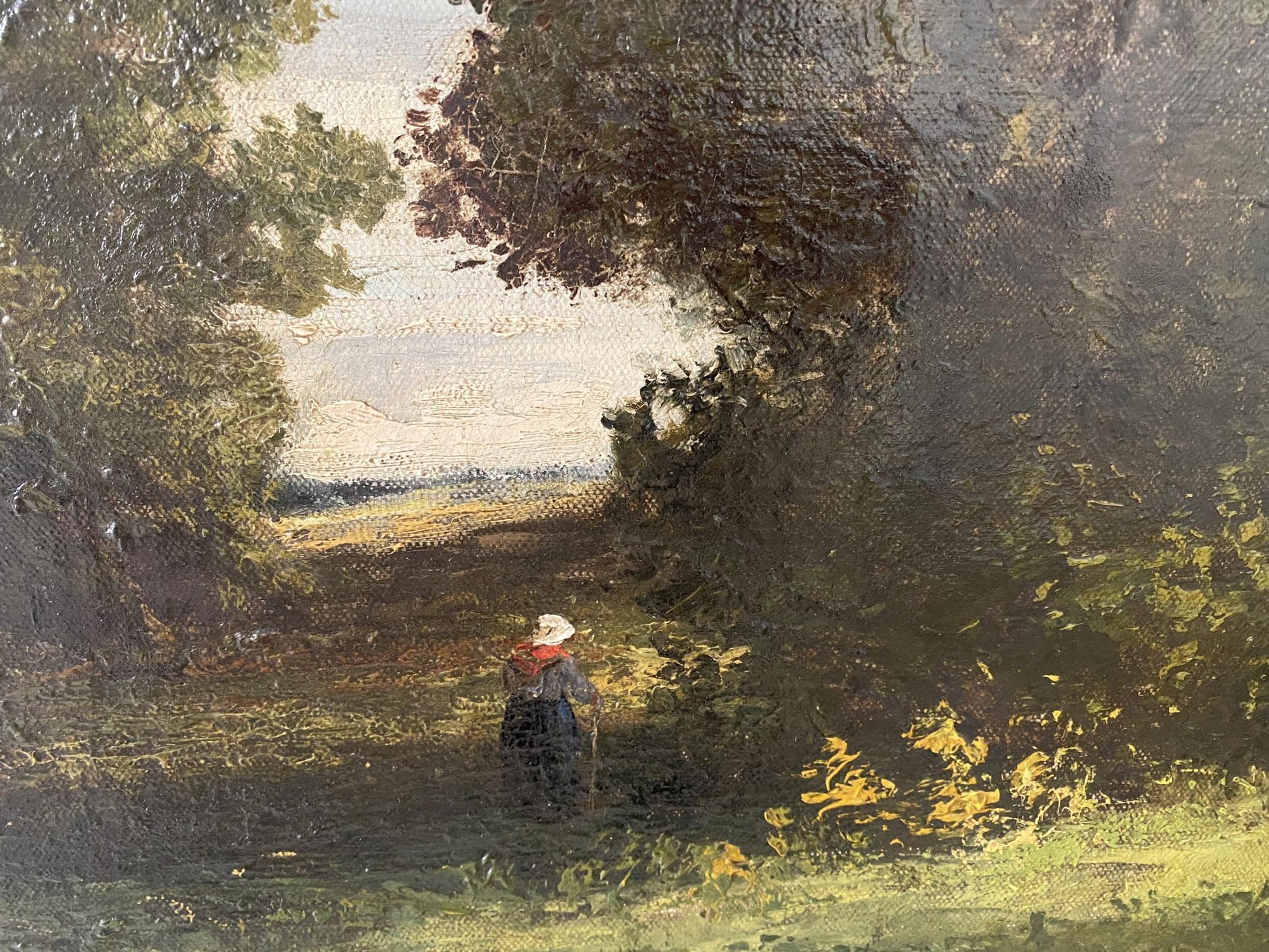 Rustic oil painting of solitary figure in white hat on beautiful sun-dappled forest path