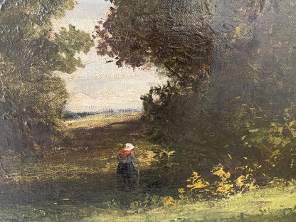 Rustic oil painting of solitary figure in white hat on beautiful sun-dappled forest path