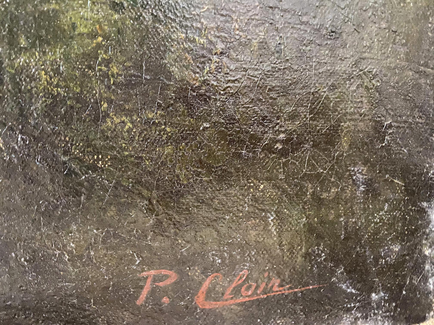 Back of oil painting Beautiful forest textured dark green brown surface with red p signature