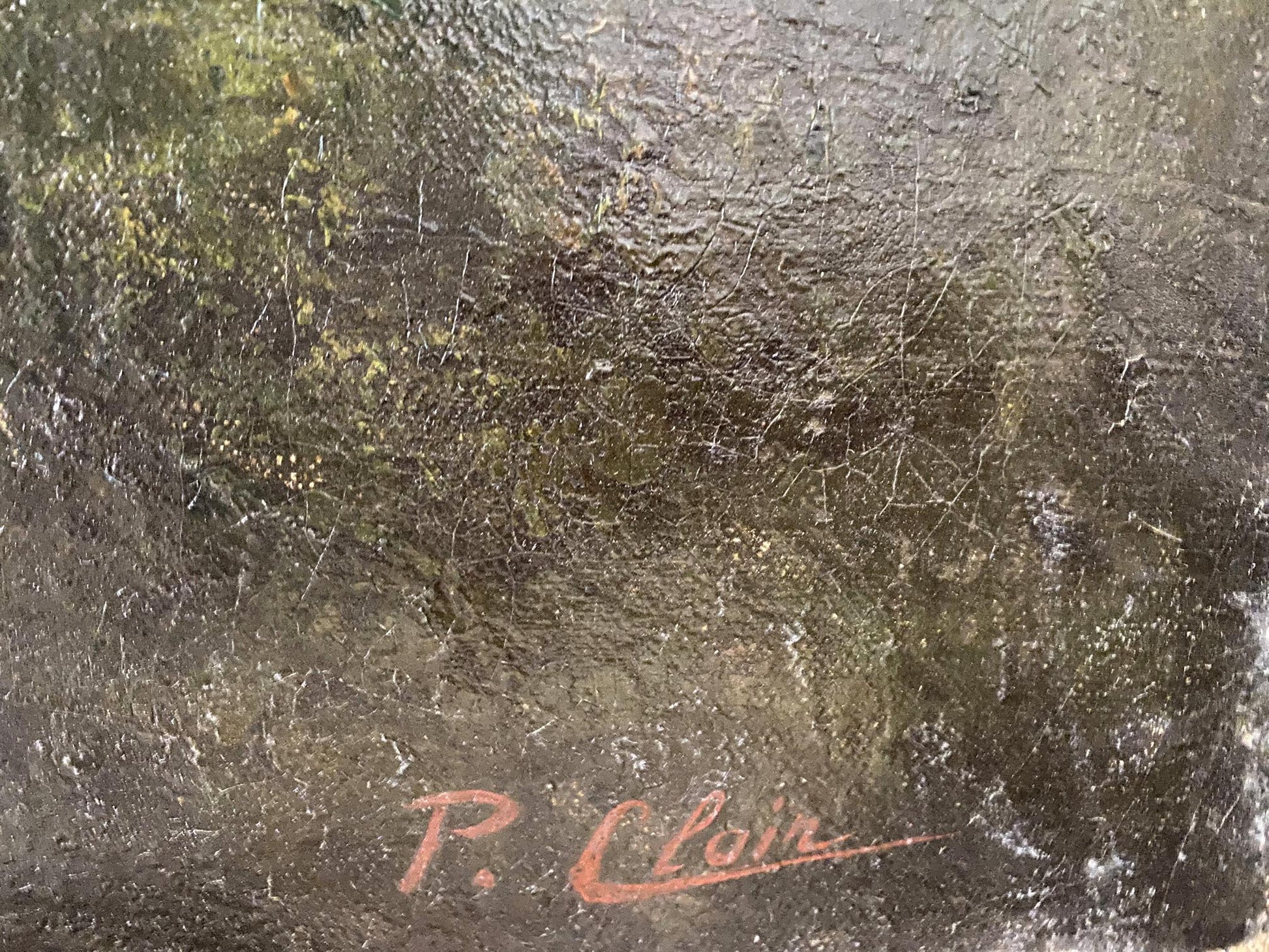 Back of oil painting Beautiful forest textured dark green brown surface with red p signature
