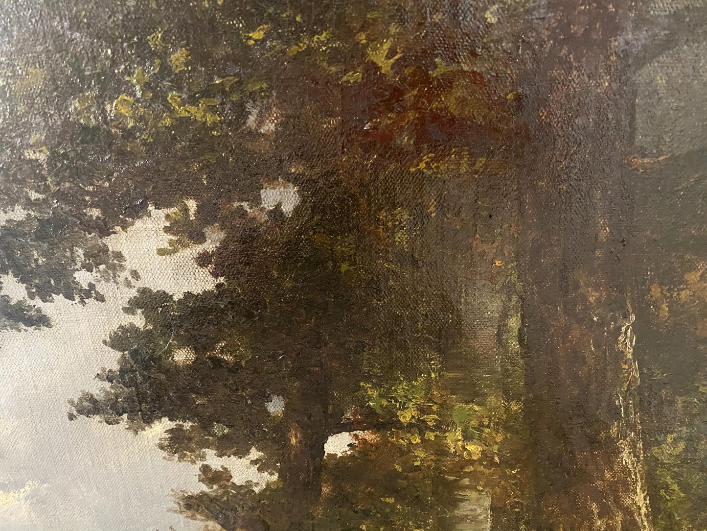 Oil painting Beautiful forest with dark textured tree trunks and foliage