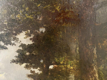 Oil painting Beautiful forest with dark textured tree trunks and foliage