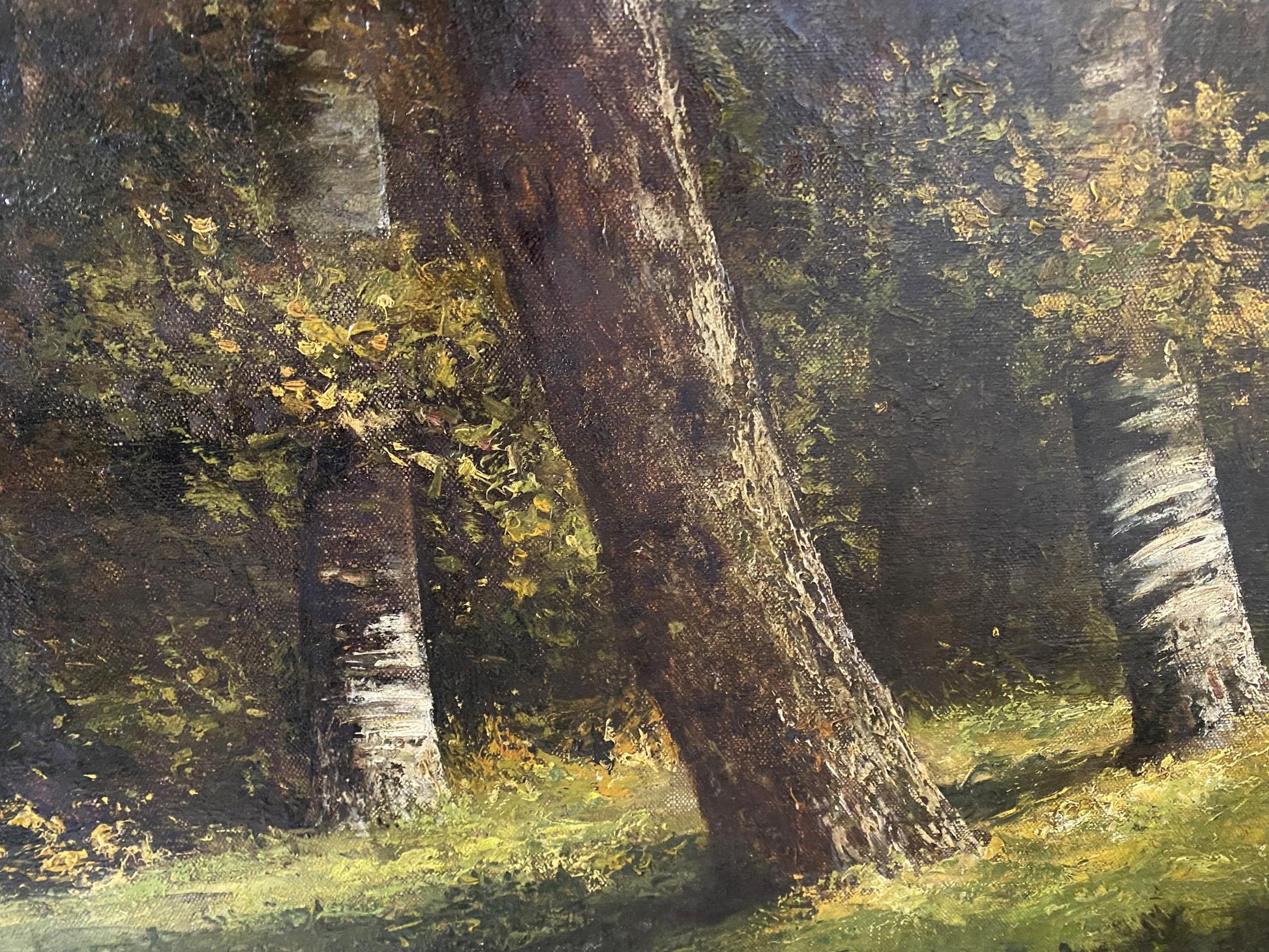 Oil painting of beautiful birch forest with white bark and yellow leaves