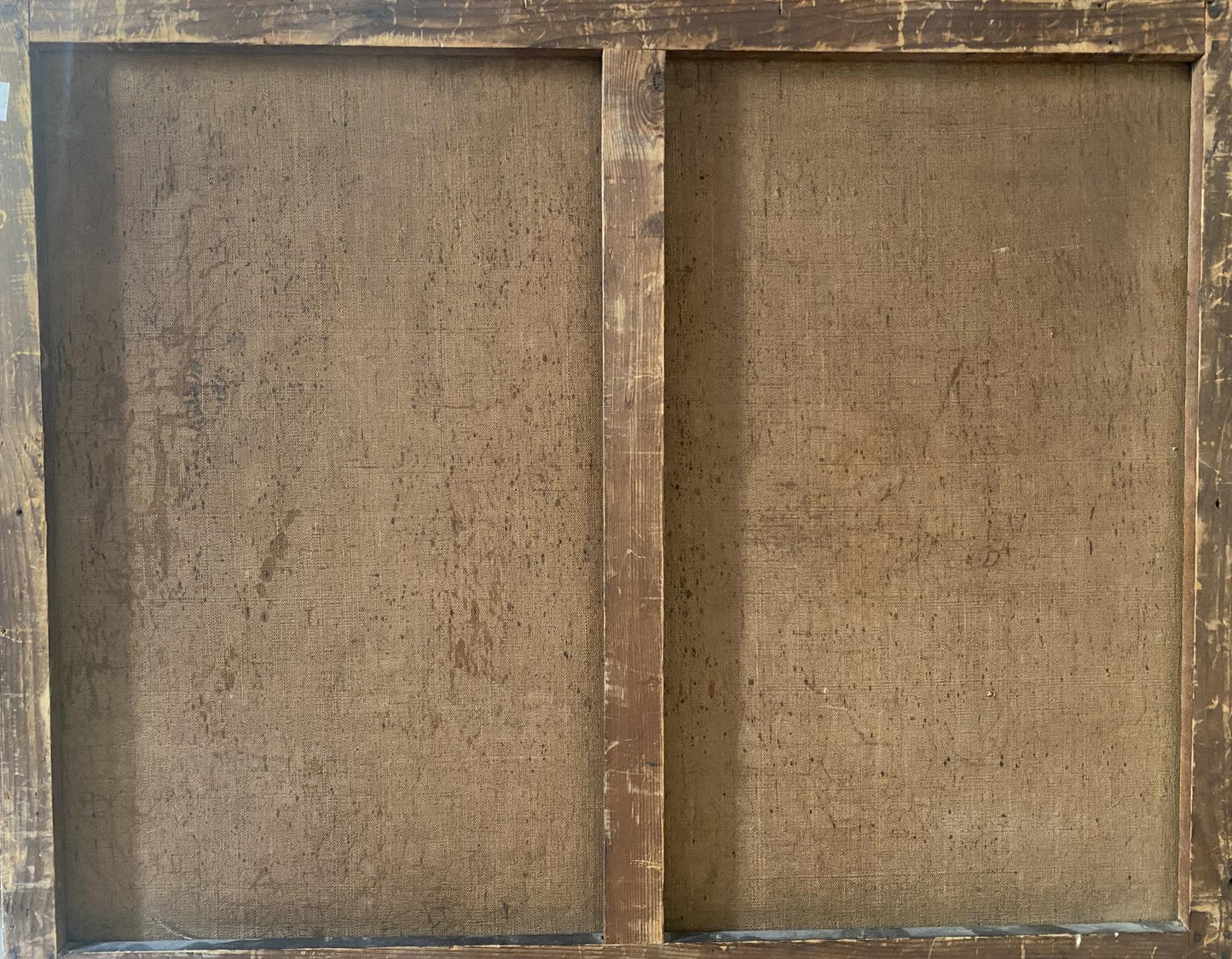 Back of rustic wooden-framed oil painting Beautiful forest on aged burlap panels