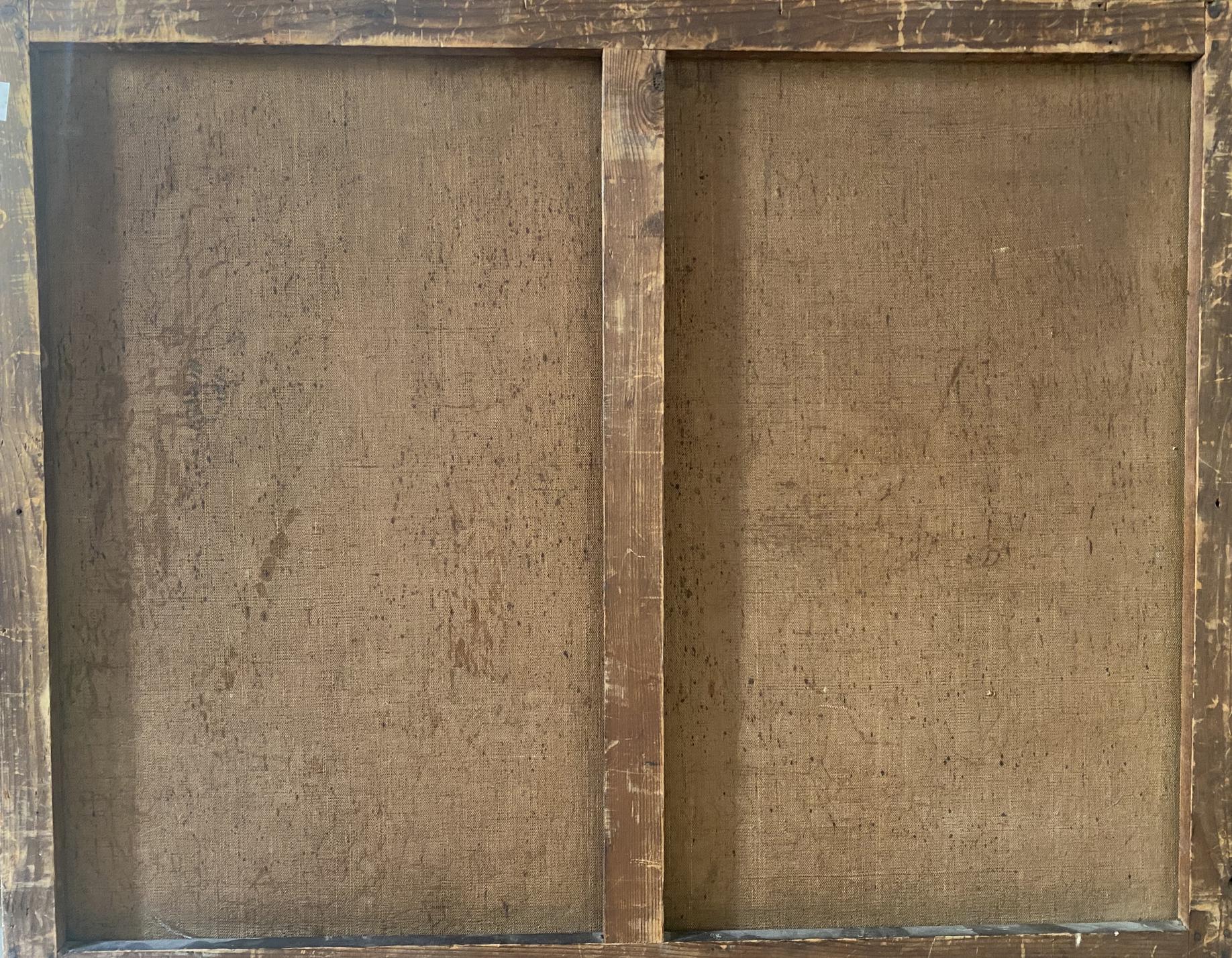 Back of rustic wooden-framed oil painting Beautiful forest on aged burlap panels