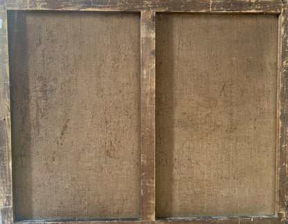 Back of rustic wooden-framed oil painting Beautiful forest on aged burlap panels