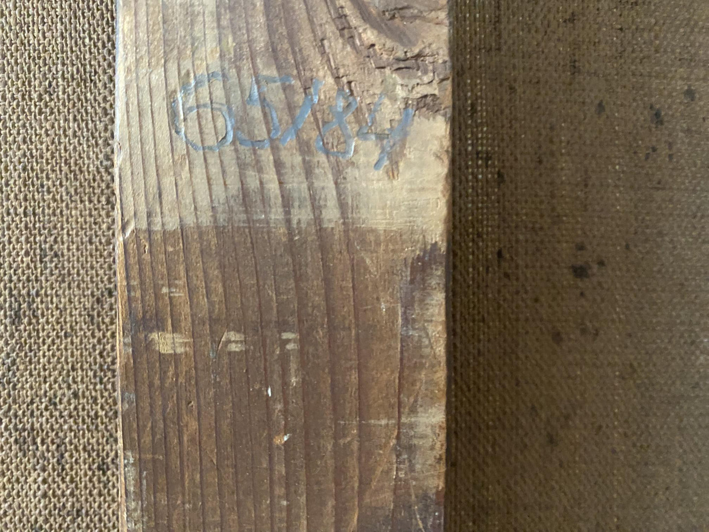 Back of oil painting Beautiful forest: weathered wood with faded blue 6584