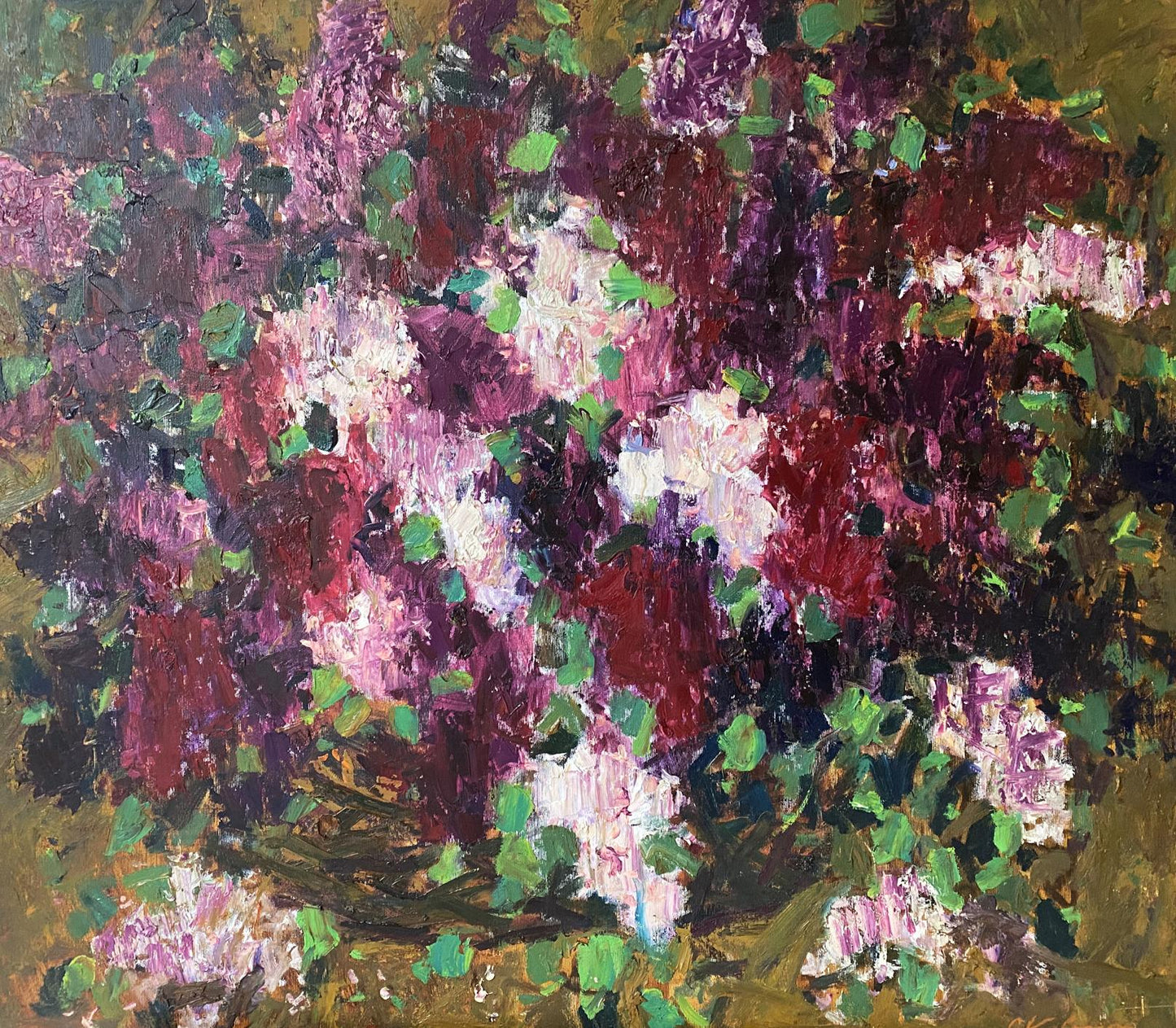 Vibrant impressionistic oil painting of lush blooming lilac bush by Serhii Ivanovych Kovtun