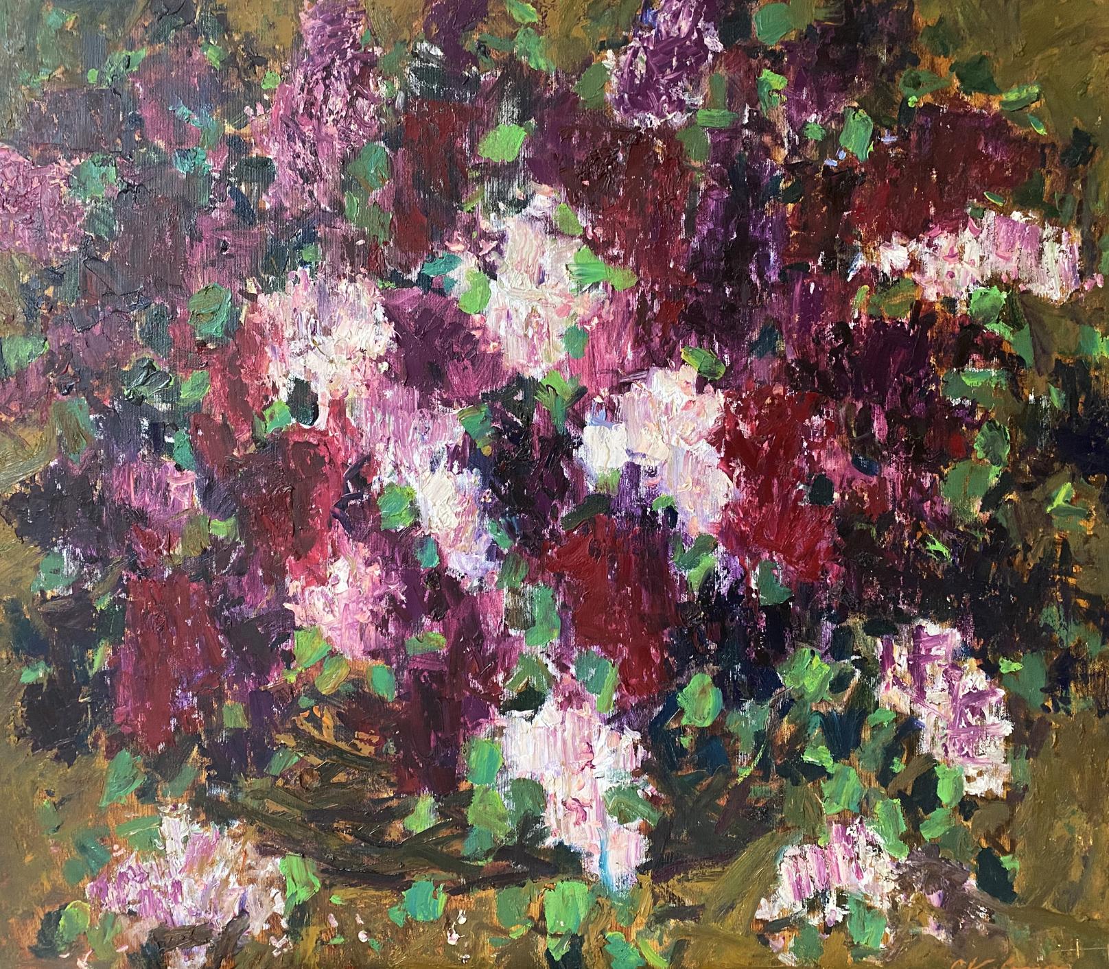 Vibrant impressionistic oil painting of lush blooming lilac bush by Serhii Ivanovych Kovtun
