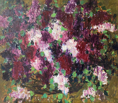 Vibrant impressionistic oil painting of lush blooming lilac bush by Serhii Ivanovych Kovtun