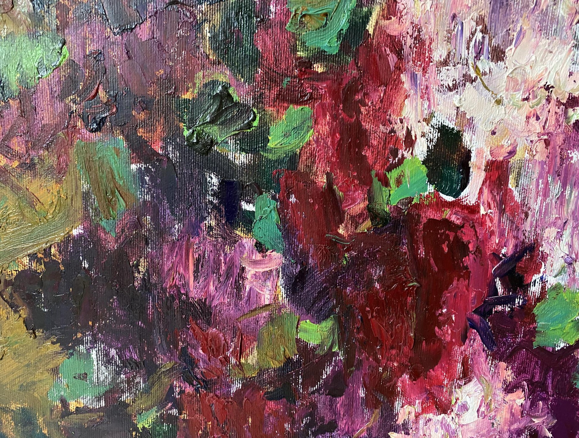 Oil painting Lilac by Serhii Ivanovych Kovtun, vibrant abstract red purple green black strokes