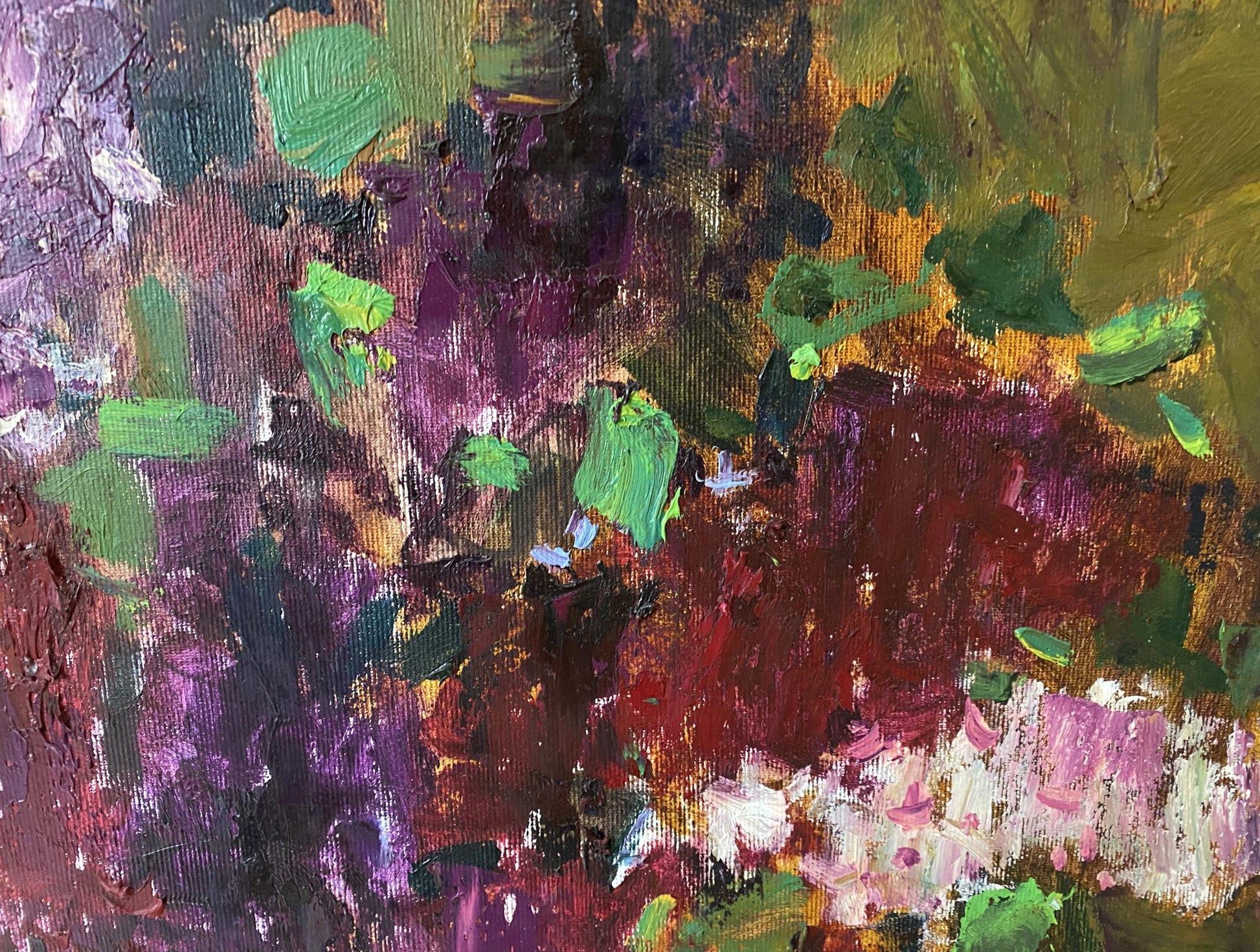 Vibrant Lilac oil painting by Serhii Ivanovych Kovtun with bold green, purple, red, yellow strokes