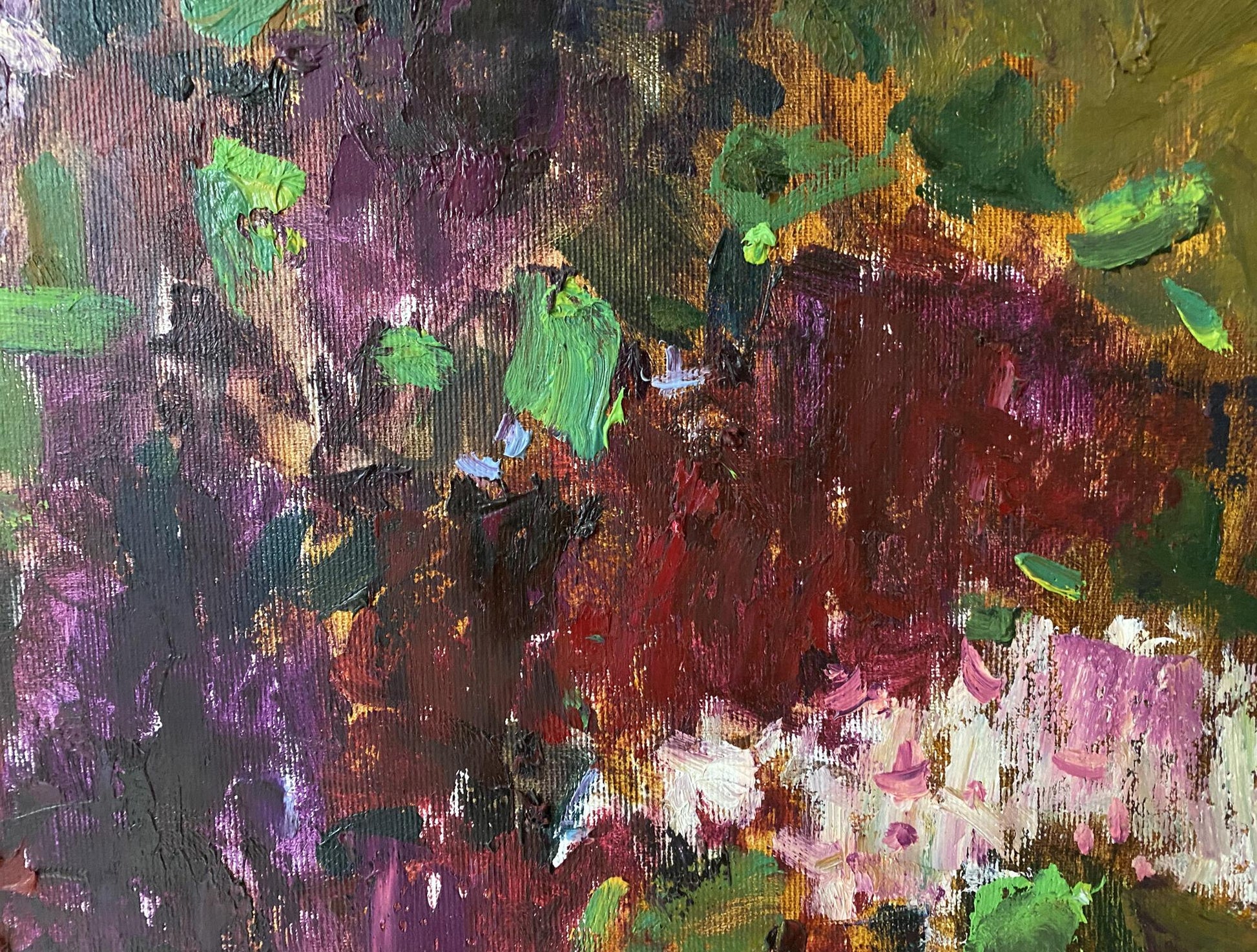 Oil painting Lilac by Serhii Ivanovych Kovtun with purple green red gold strokes