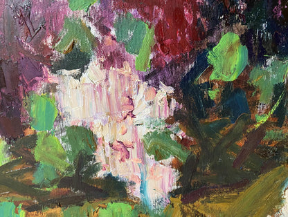 Oil painting Lilac by Serhii Ivanovych Kovtun, vibrant green purple red white strokes