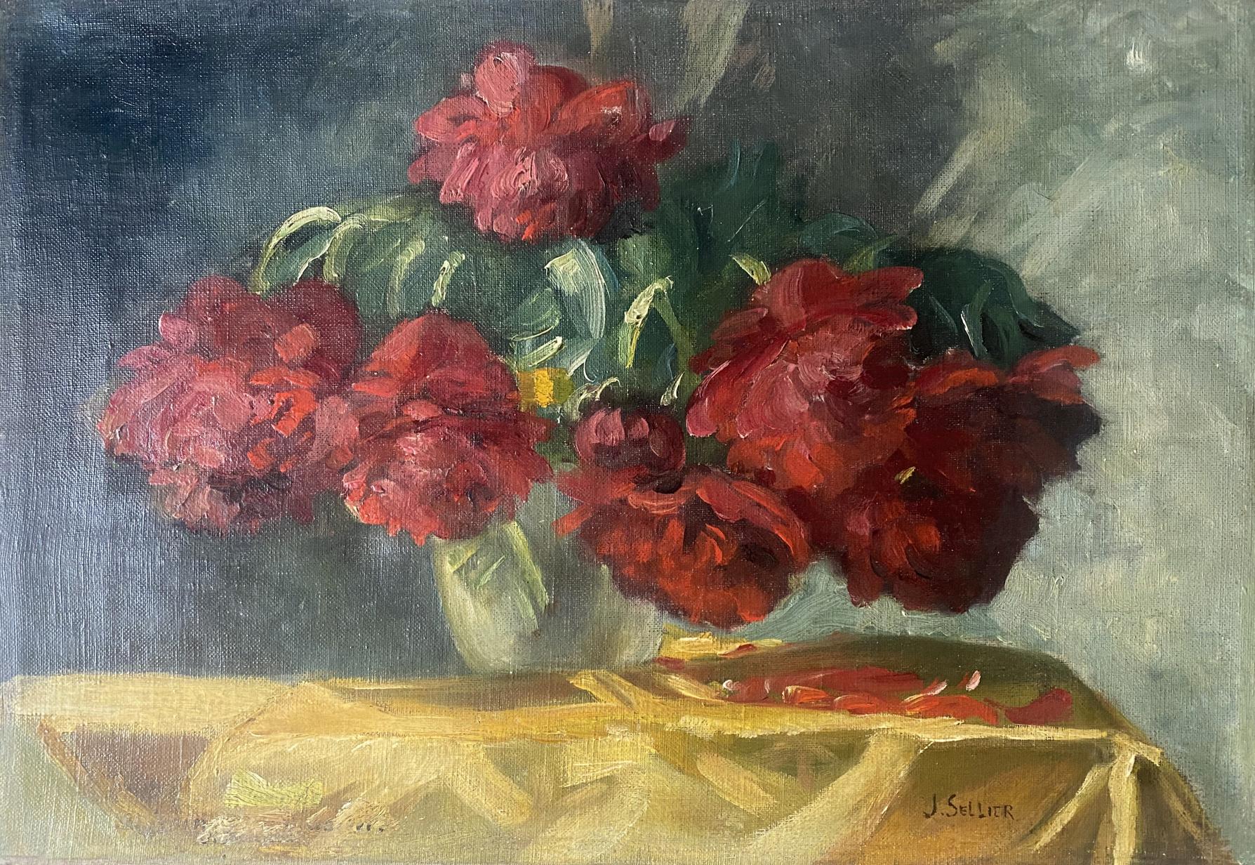 Oil painting of vibrant red peonies by J. Sellier in light ceramic vase