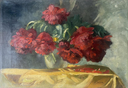 Oil painting of vibrant red peonies by J. Sellier in light ceramic vase