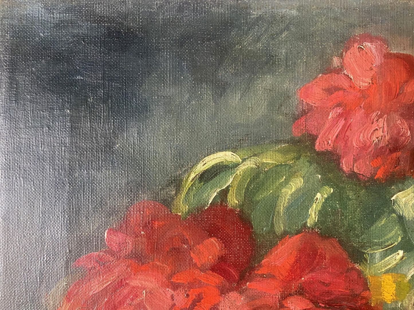 Oil painting Red flowers on the table by J. Sellier, vibrant red and green flowers