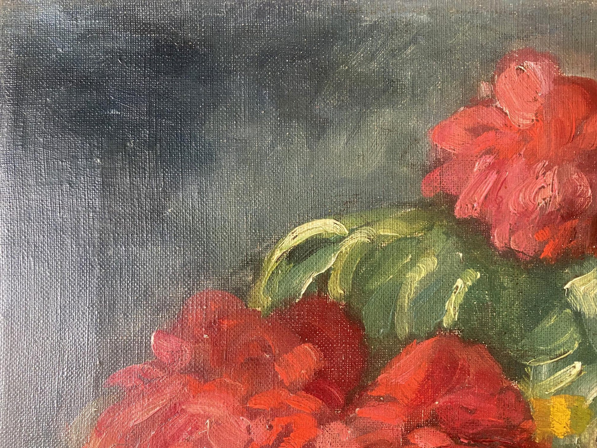Oil painting Red flowers on the table by J. Sellier, vibrant red and green flowers