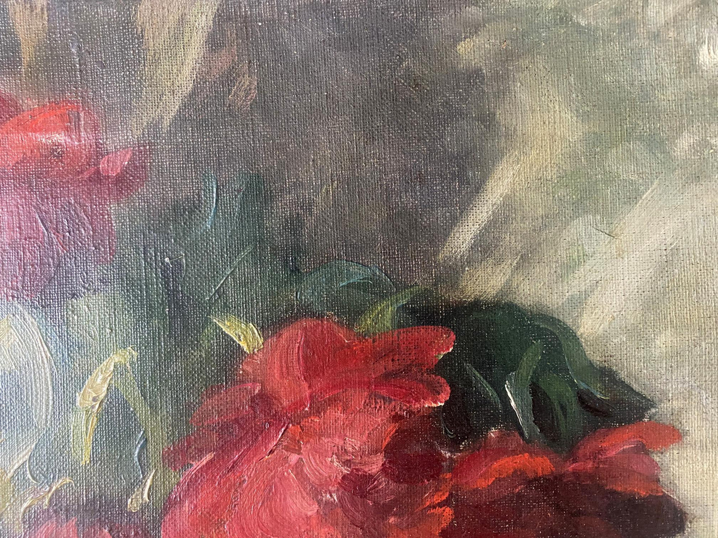 Vibrant red peonies oil painting on canvas by J. Sellier