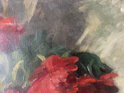 Vibrant red peonies oil painting on canvas by J. Sellier