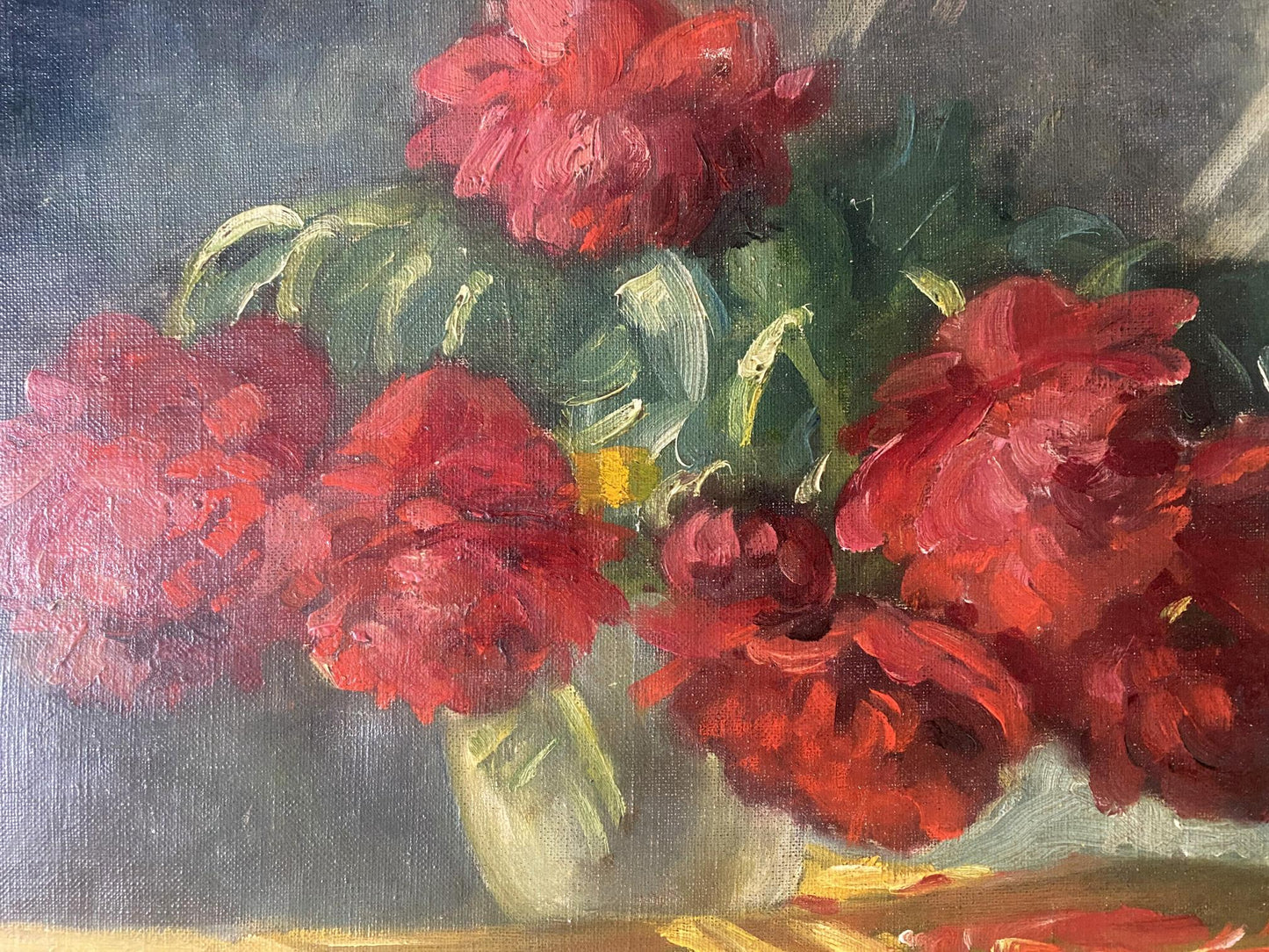 Oil painting of vibrant red peonies in light green vase by J. Sellier