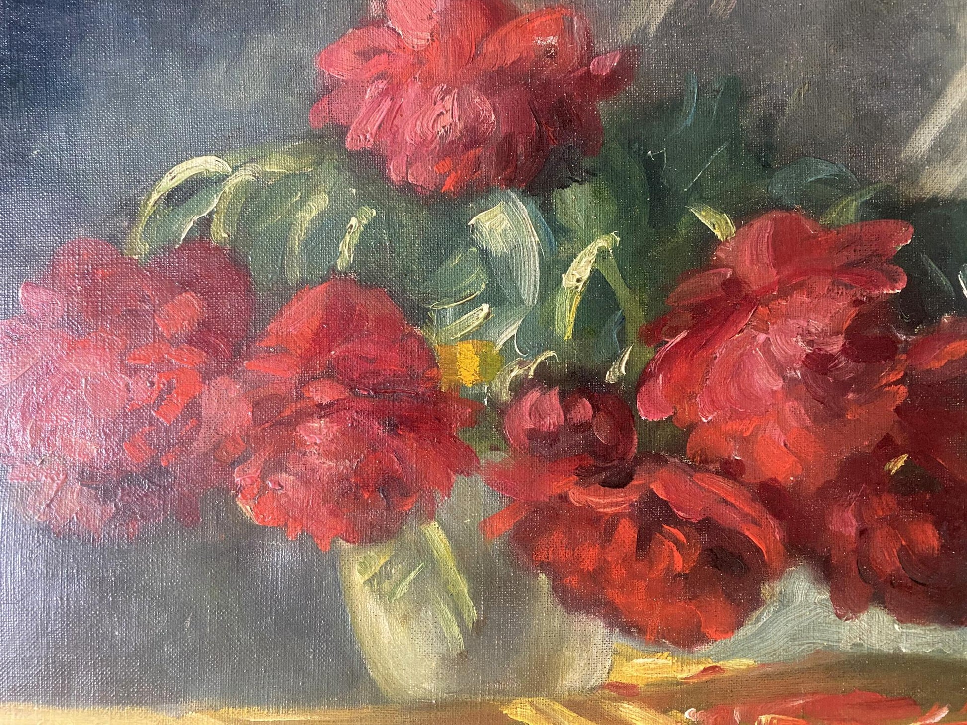 Oil painting of vibrant red peonies in light green vase by J. Sellier