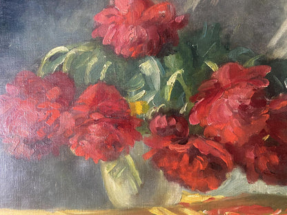 Oil painting of vibrant red peonies in light green vase by J. Sellier
