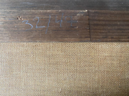 Back of oil painting Red flowers on the table J. Sellier on burlap canvas