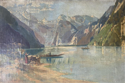 Oil painting by Albert Jean Adolphe: serene lake amid snow-capped mountains