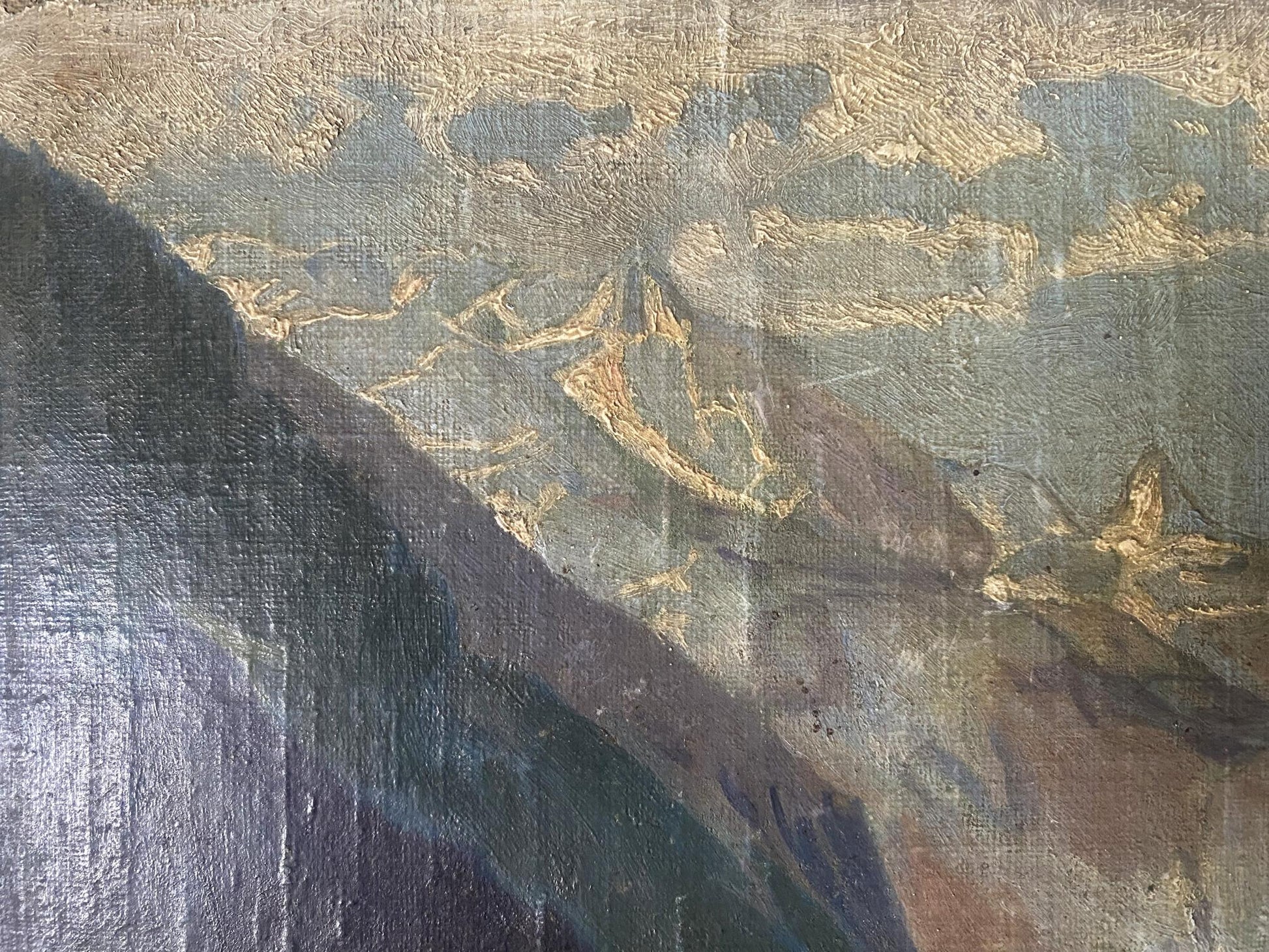 Weathered oil painting of mountain river by Albert Jean Adolphe