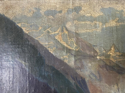 Weathered oil painting of mountain river by Albert Jean Adolphe